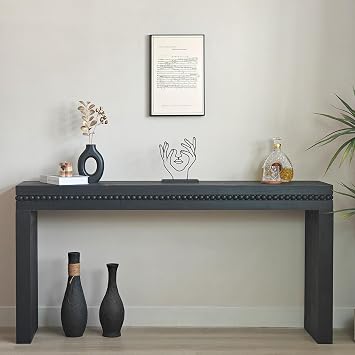 Entryway Console Table Wood, 64 Modern Curved Console Long Sofa Table Behind Couch Rustic Farmhouse Curved Hallway Table with Beaded Trim for Foyer Corridor Mesa De Entrada, Black