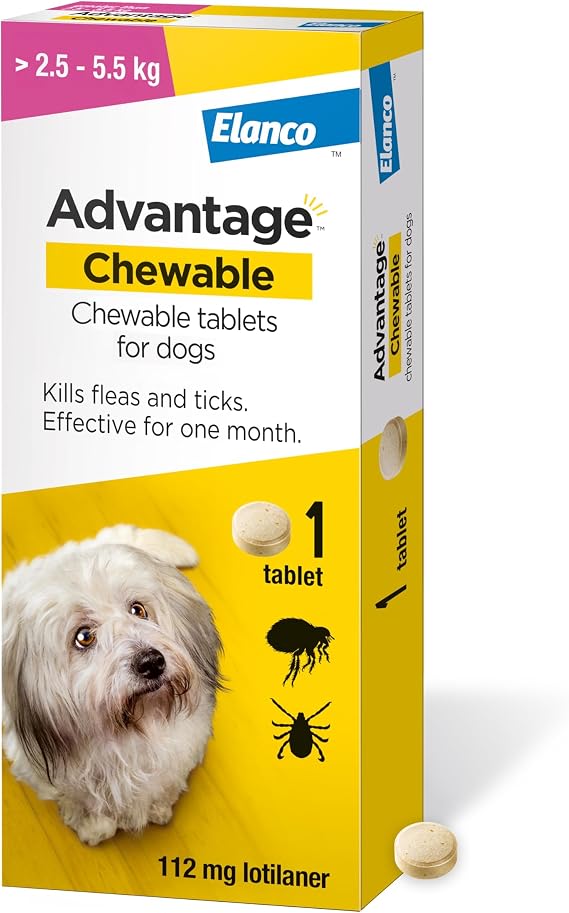 Advantage Chewable 112mg Chewable Tablets for Dogs >2.5-5.5kg (1 pack), Flea and Tick Treatment, Fast Acting Kills Fleas Within Hours, Prevention Lasts For A Month, Easy To Administer