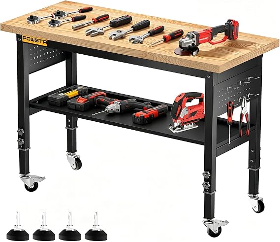120cm Adjustable Workbench, 5-Position Height Heavy Duty Work Bench with Solid Rubberwood Top, Pegboard & 6 Hooks, 900KG Load Capacity, Rolling 2-Tier Work Table for Garage, Workshop, Office