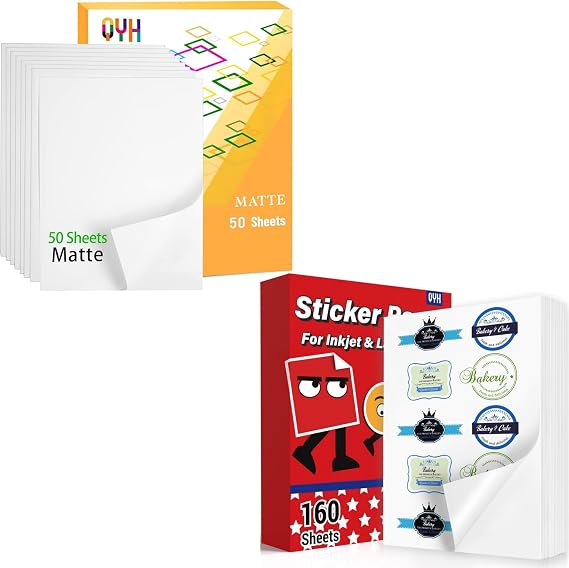 QYH Printable Vinyl Sticker Paper for Inkjet & Laser Printer - 210 Sheets Matte White Waterproof, Compatible with Cricut Ideal for Small Business & DIY Crafters - 8.5"x11"