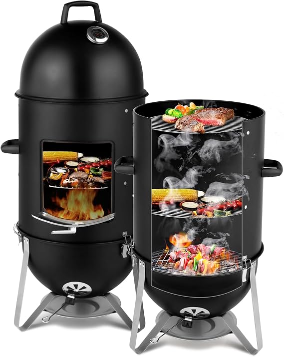 Outvita Vertical 18.8 Inch Steel Charcoal Smoker, 3-in-1 Portable, Black