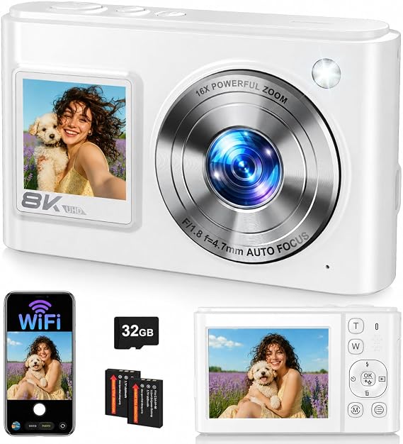 8K Digital Camera, 96MP WiFi Camera for Photography with Dual Screen(White)