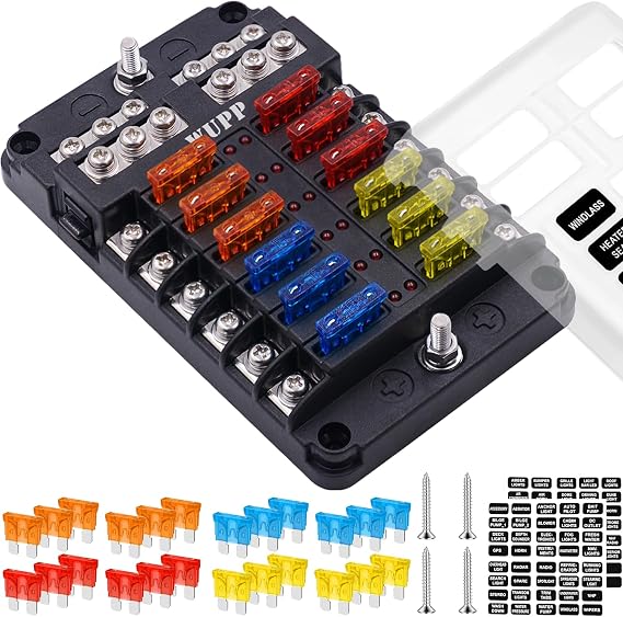 12 Circuits Fuse Block Panel - with Negative Bus Fuse Box Holder Screw, Marine Fuse Block DC 12-24V with LED Indicator Waterproof Cover for Car Marine Boat RV Truck, 24 Fuses Included