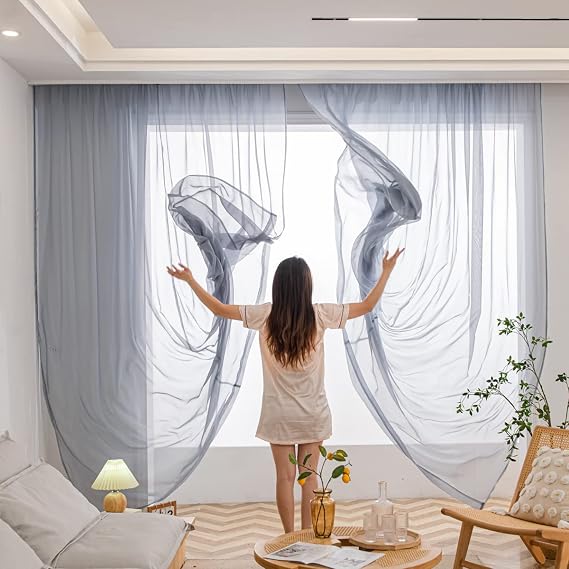Window Dark Grey Sheer Curtains 90 Inches Length 2 Panels Voile Light Filtering Sheer Curtain Panel for Bedroom Living Room Children Room Kitchen Yard (Dark Grey, 52" W x 90" L | 2 pcs)