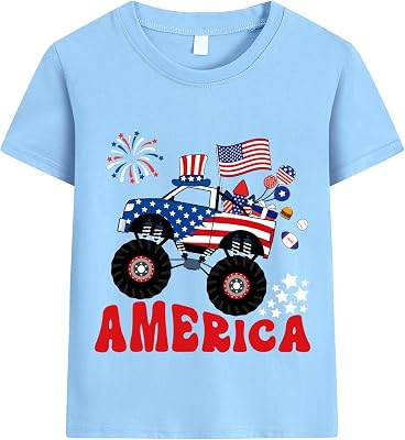 Boys 4th of July T-Shirt Kids American Tee Monster Trucks Tractor Independence Day Patriotic Tops Short Sleeve 2-7 Years