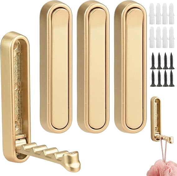 4 Pcs Foldable Wall Hooks for Hanging, Heavy Duty Aluminum Gold Coat Hooks Wall Mount with Wave Anti-Slip Design, Folding Wall Hook for Towel, Bag, Key, Robe, Entryway Bathroom Kitchen, 2 Ways Install