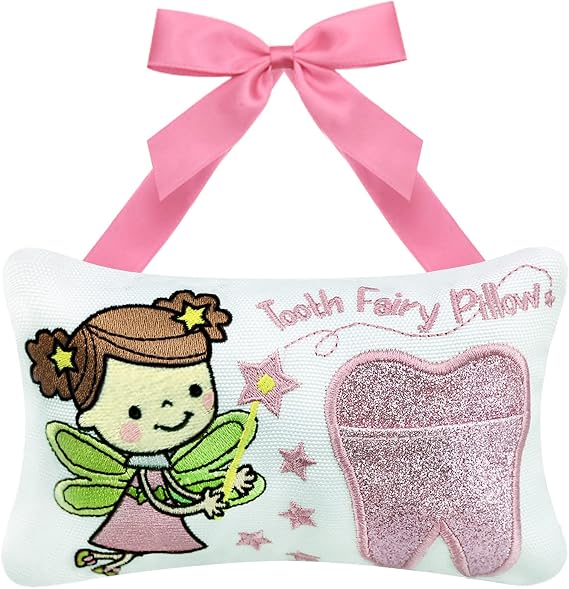 free-space Tooth Fairy Pillow for Boy and Girl Embroidered Cartoon Tooth Pocket Tooth Fairy Gifts Kids (Pink)