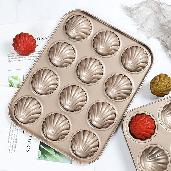 Madeleine Mold 12 Cavities Carbon Steel Cake Baking Pan Non-Stick Candy Cookies Mold Tray Madeleine Pan Shell Shaped Baking Cookies Moulds for Cake Chocolate