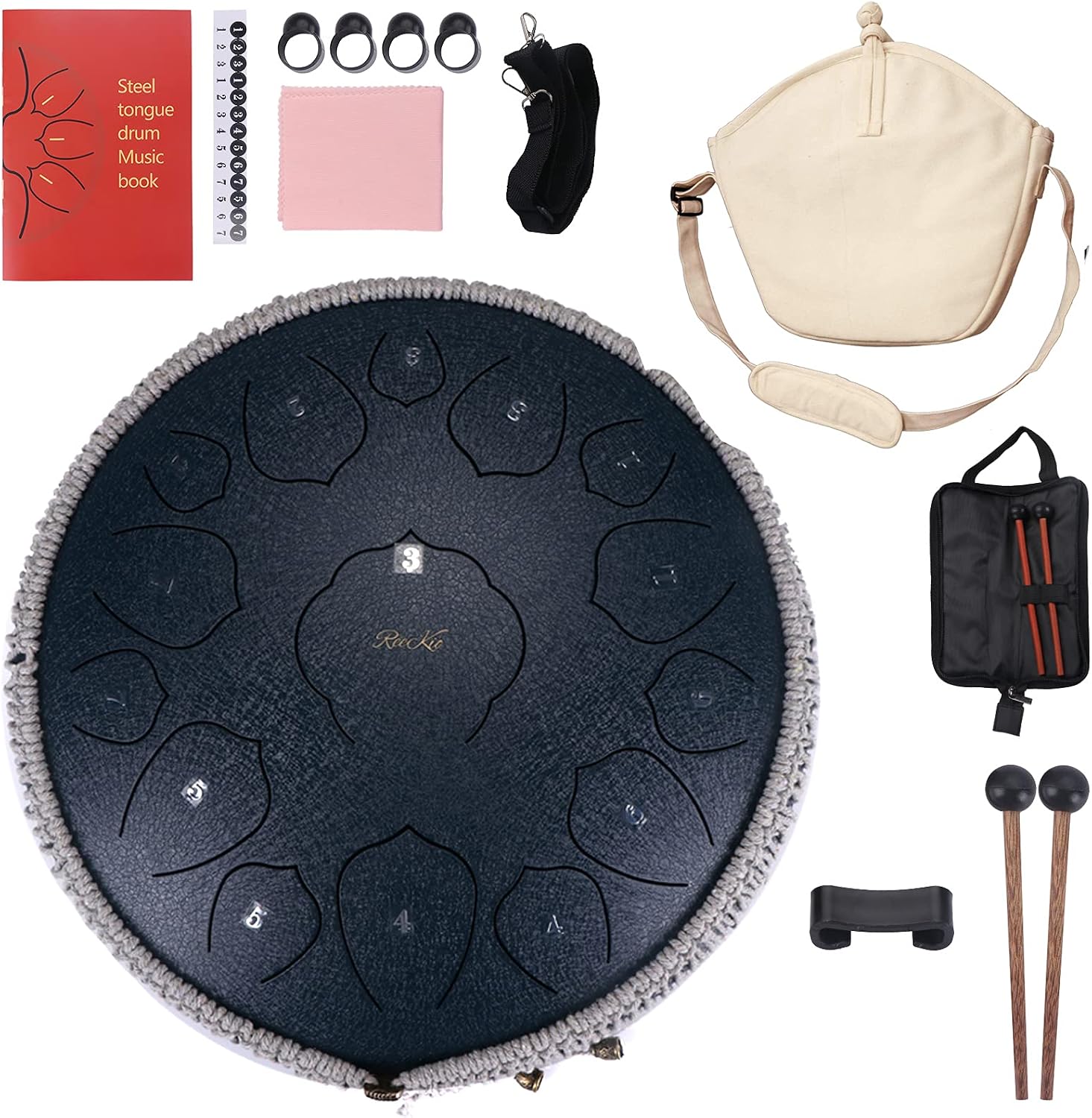 REEKIO Steel Tongue Drum, 14 inch 15 Notes, Lotus Percussion Instrument, Handpan Drum with Travel Bag, Manual, 2 Mallets, Finger Picks for Kids Adults Beginner Meditation, Entertainment Gift Blue
