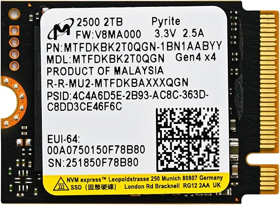 Micron 2TB 2500 M.2 2230 PCIe Gen 4.0x4 NVMe SSD Up to 7100 MB/s Compatible with Steam Deck Surface Ally Mini PCs Laptops