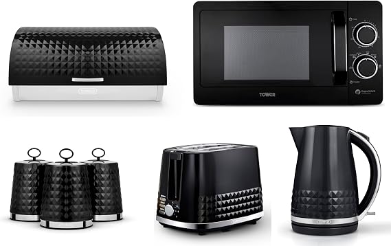 Tower Solitaire Black 1.5L 3KW Jug Kettle, 2 Slice Toaster, T24042BLK 800W 20L Manual Microwave, Bread Bin & Canisters. Modern Matching Kitchen Set of 7 in Black