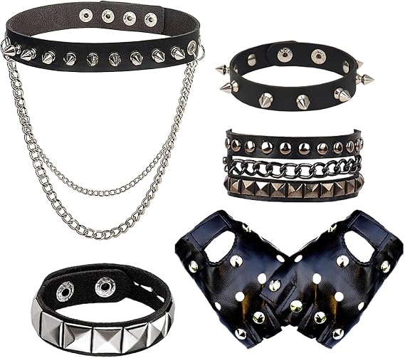 Bettinay 5 Pcs Emo Accessories Set, Goth Choker Studded Bracelet Punk Fingerless Leather Gloves for Woman Man Fancy Dress Halloween