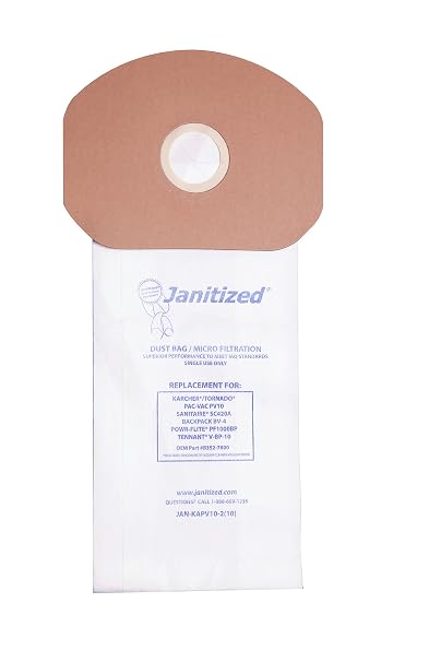 Janitized JAN-KAPV10-2(10) Premium Replacement Commercial Vacuum Paper Bag, Karcher/Tornado PV10, Power-Flite PF1000BP, Sanitaire SC420A, Tennant V-BP-10, OEM#B352-7800, 69370, 87537 (Pack of 10)