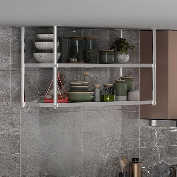 Stainless Steel Ceiling Mounted Storage Rack,304 Grade Heavy Duty Hanging Organizer Shelf for Kitchen, Restaurant, or Living Room, Ideal for Wine Glasses and Utensils(80 * 40cm)