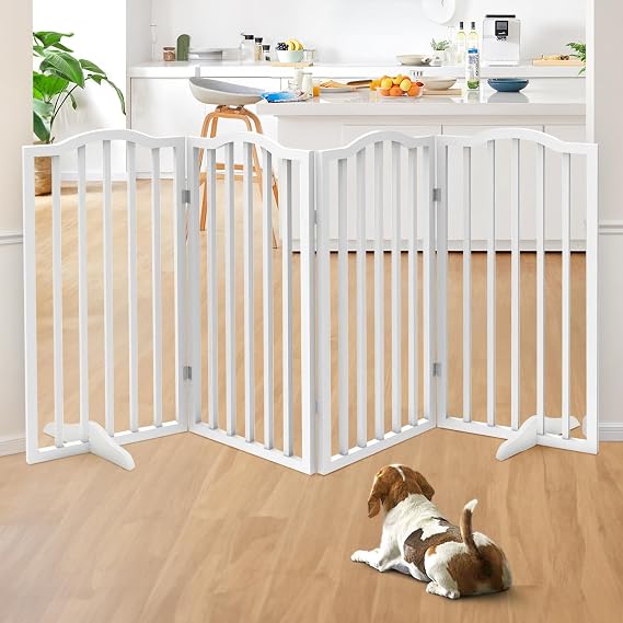 The Fellie Wooden Freestanding Dog Gate, 82cm Tall Foldable Stair Gate with 2 Support Feet, Pet Safety Gate Indoor Barrier, Stair Gates for Dogs/Doorways Safety Fence, 4 Panels (184cm Wide, White)