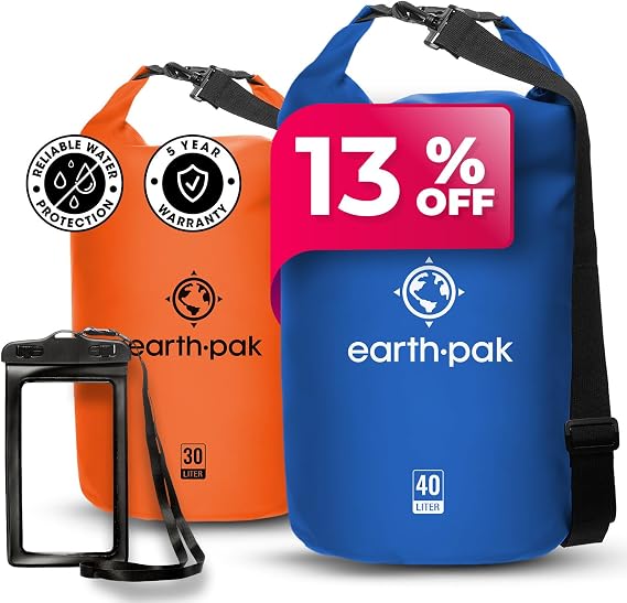 Earth Pak Waterproof Dry Bag - Roll Top Waterproof Backpack Sack (Blue 40L & Orange 30L)