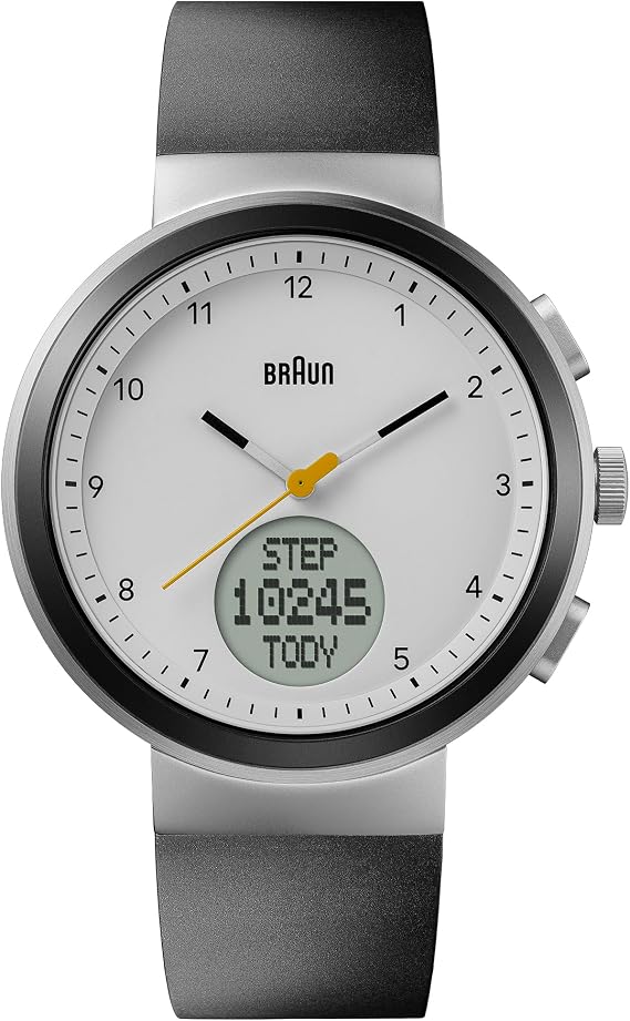 Braun Analogue Quartz Watch with Digital Display with Calendar and Step Count, Black Silicone Rubber Strap, 45mm Stainless Steel Case, Model BN0299PWHBKG