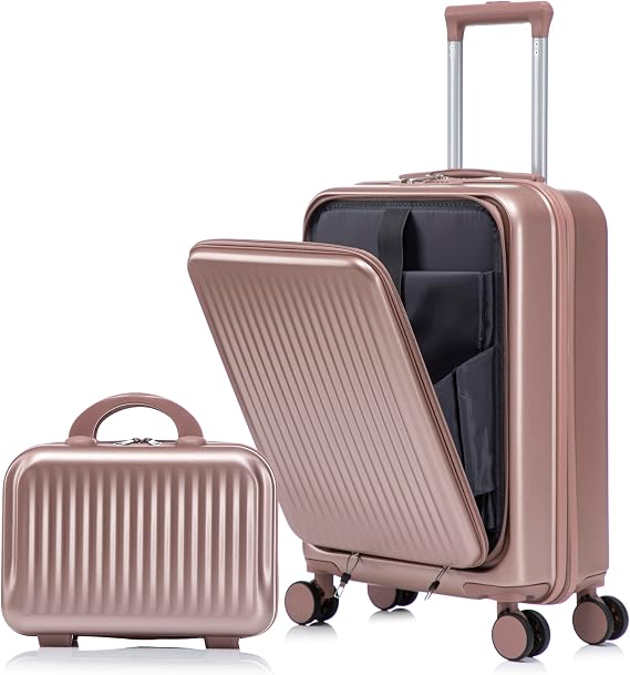 2 Piece Hard Shell Luggage Set, Champagne | Waterproof Suitcases, Front Opening Design, Combination Lock, 360 Swivel Spinner Wheels, 20" Carry On with 14" Cosmetic Case