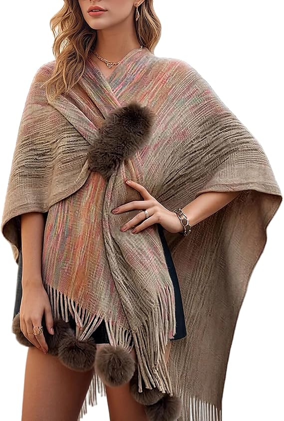 KirGiabo Womens Poncho Shawl Wrap Sweater Cape with Tassels Pompoms