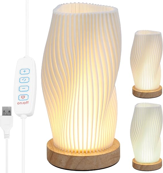 Bedside Table Lamp, Novelty LED Modern Nightstand Lamp with Wood Base, Vintage Style Striped Small Night Light Table Lamp, Dimmable Rechargable Desk Lamp for Living Room Kids Room Office Dorm