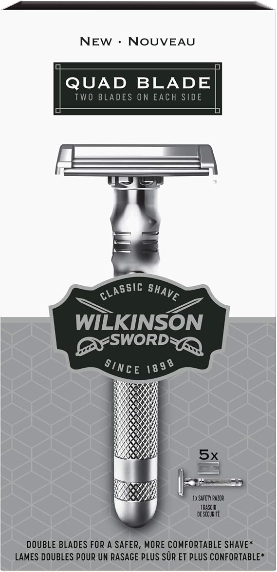 Wilkinson Sword Quad Blade Safety Razor, 1 Metal Handle & 5 Razor Blades