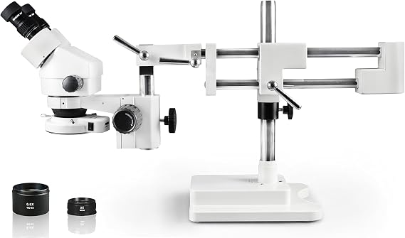 VS-5EZ-IFR07 Binocular Zoom Stereo Microscope,10x WF Eyepiece,0.7X4.5X Zoom, 3.5X90x Magnification, 0.5X & 2X Auxiliary Lens,Double Arm Boom Stand,144-LED Four-Zone Ring Light