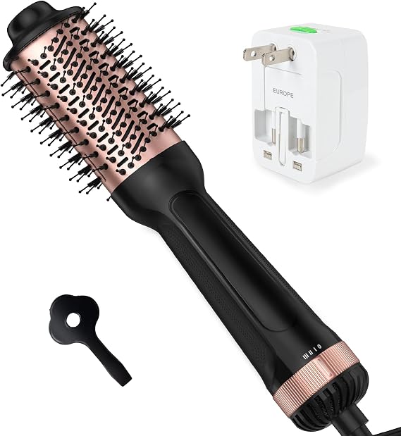 Dual Voltage Hair Dryer Brush,Travel Blow Dryer Brush for Blowout Look with Universal Power Adapter, One-Step Hot Air Brush Volumizer,Smoothing,Dryer,125V/220V