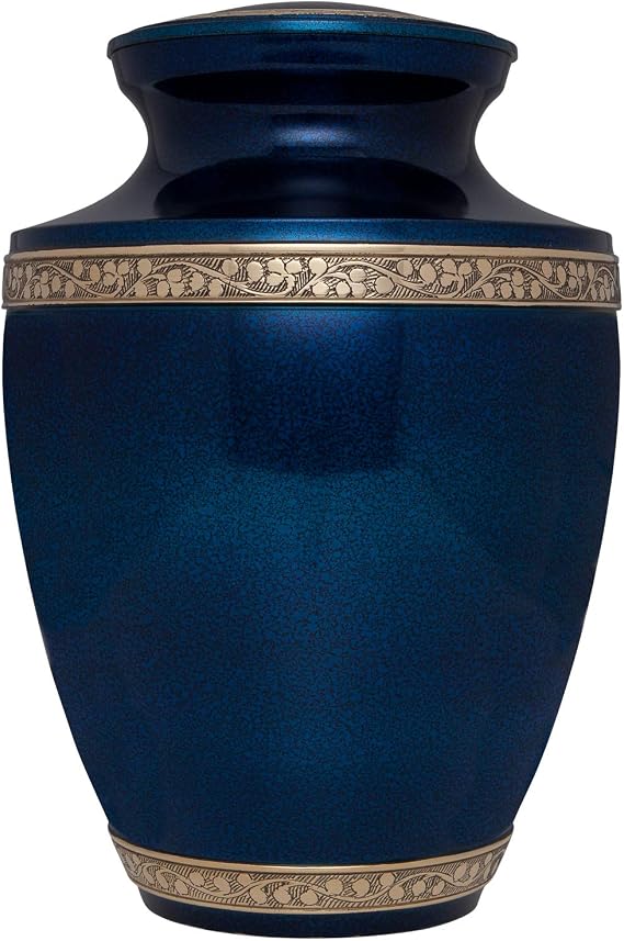 Blue Funeral Cremation Urn for Human Ashes - Hand Made in Brass - Suitable for Cemetery Burial or Niche - Large Size fits Remains of Adults up to 200 lbs - Torino Model