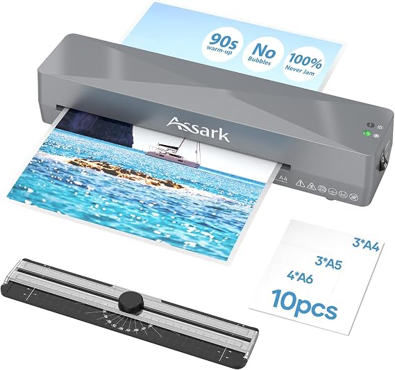 Assark Laminator 9 Inch with 10 Laminating Sheets | Laminator Machine Quick preheating with Paper Cutter, Low Noise, Plastificadora with ABS Jam Free,grey