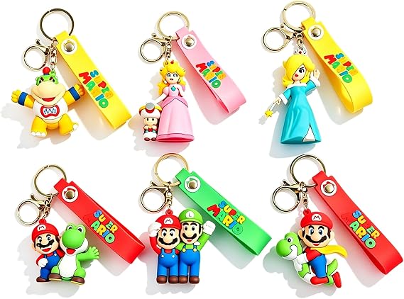 6Pcs Cute Keychains, Super Brothers Keychain, Cartoon Bag Charms Car Keys, Party Favors for Boys and Girls