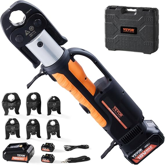 VEVOR Press Tool, 18V Electric Pipe Crimping Tool for 1/2" to 2" Copper Pipes, 32KN Press Tool Kit Compatible with ProPress - with 6 VUS Press Jaws, 2pcs 4AH Battery, Fast Charger & Carrying Case