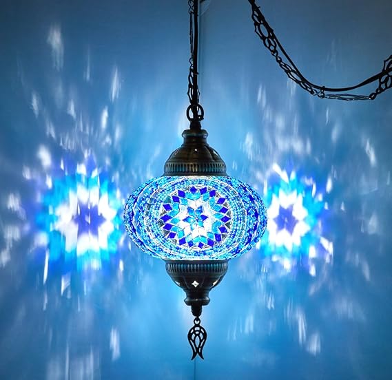 DEMMEX Plug-in Turkish Moroccan Mosaic Hanging Pendant Ceiling Light Swag Lamp Fixture with 15ft Cord & Chain, Handcrafted Glass, Tiffany Style, Mediterranean Decor (Blue)
