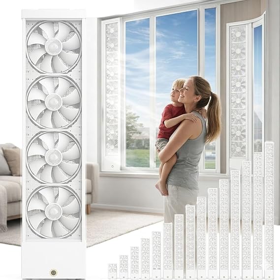 Waterproof Vertical Window Fan, Adjustable Retractable Exhaust Fan for Sliding Windows, Reversible Intake Airflow for Kitchen Home Bathroom(White,61-65in)