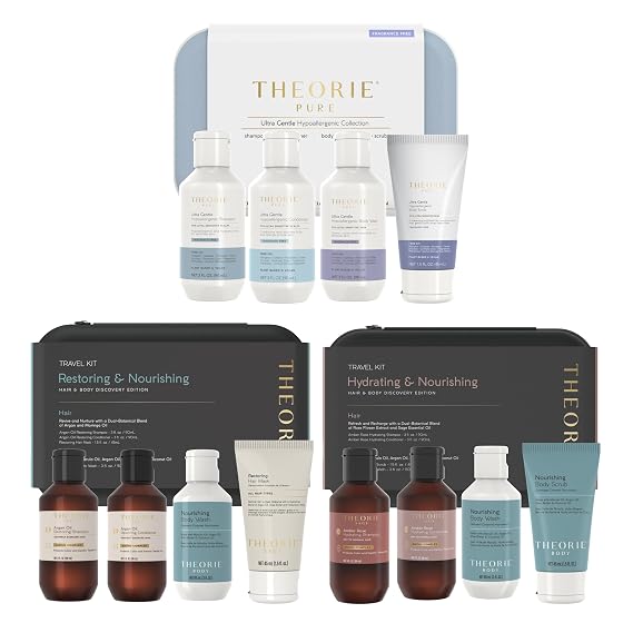 THEORIE Travel Toiletries Set Hypoallergenic Shampoo, Conditioner, Body Wash & Scrub Fragrance-Free, Sulfate & Paraben Free (Variety Pack 31.95 Fl Oz (Pack of 3), Signature + Botanicals + Pure)