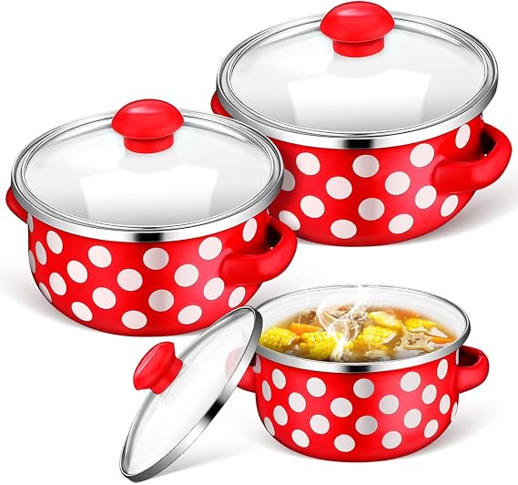Enamel Cooking Pot Set Small 3-Piece with Lid and Handle Mini Stockpot Set for Cookers Soups Stews and Pasta 8.07 in Versatile Pot