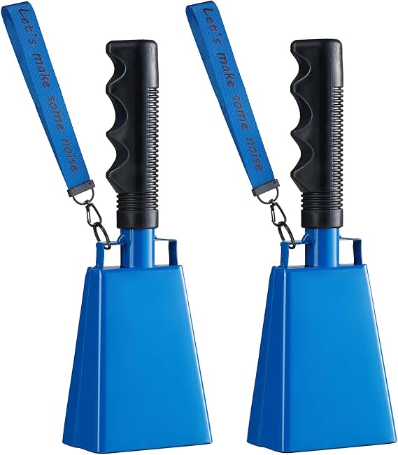 Blue Cowbells with Wrist Strap 2 Pack Metal Noise Makers for Sports Games