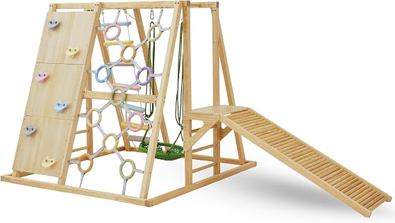 Avenlur Sweetgum Indoor Sensory Climber Montessori Play Gym Premium Solid Wood Indoor Playset with Slide, Swing, Rock Wall & Rope Ladder Large