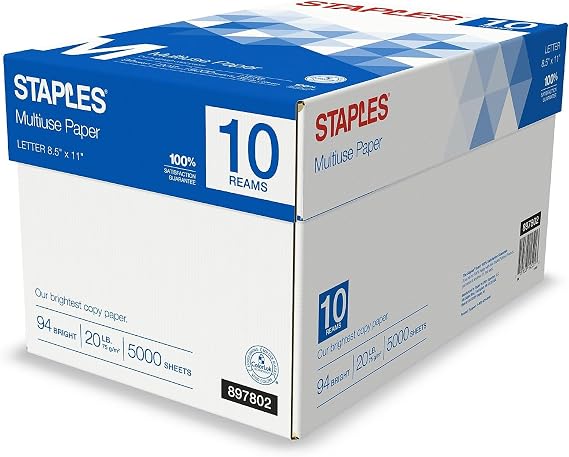 Staples Multipurpose Copy Paper, 8.5x11, 20lb, 94 Bright, 10 Reams/Carton