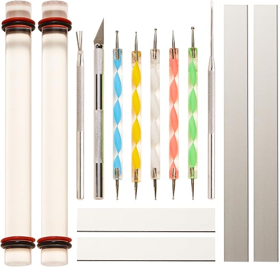 14 Pcs Polymer Clay Tools Acrylic Roller Clay Rolling Pins for Baking with Thickness Rings, Tissue Blade, Slicer Knife, Dotting Tools, Sculpting Earring and Jewelry Making Kit for Modeling and Shaping
