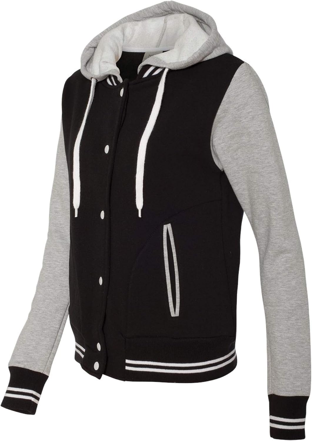 Move U Womens Gray & Black Snap Front Varsity Bomber Jacket with Hood