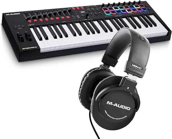 M-Audio Oxygen Pro 49 and HDH40 49 Key USB MIDI Keyboard Controller With Beat Pads, and Over Ear Headphones with 9 ft Cable