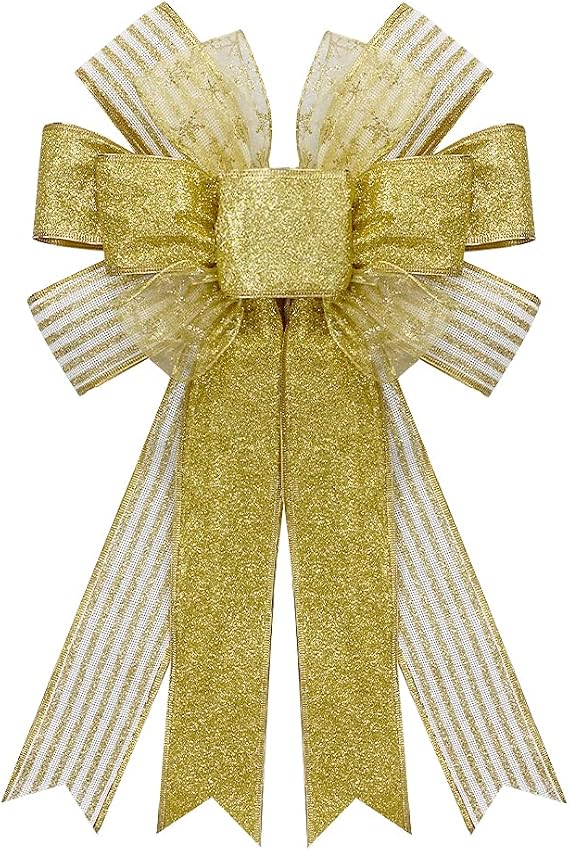 On-Airstore Large Christmas Wreath Bows, Gold Glitter Strips Ribbon Bow for Wreaths, Tree Topper Bows for Christmas Home Garden Indoor Outdoor Party Decoration Wreath Ornament Supplies
