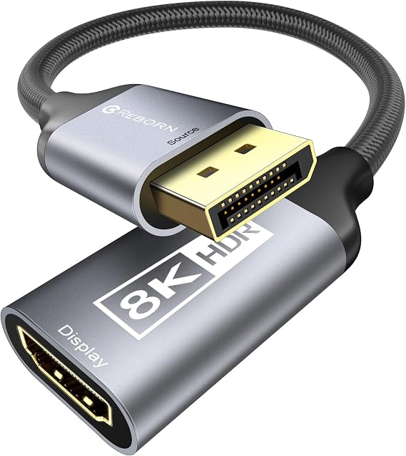 Reborn DisplayPort 1.4 to HDMI 2.1 Adapter 8K@60Hz/4K@120Hz Unidirectional DP Male to HDMI Female Converter Display Port Adapter for PC RTX/AMD Card - Not Compatible PS5