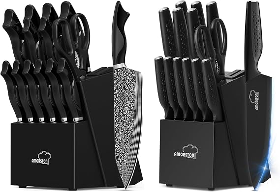Amorston Knife Set, 15 Pieces Kitchen Knife Set with Built in Sharpener and 15 Pieces Kitchen Knife Set