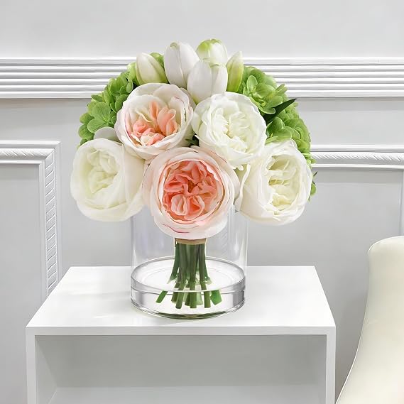 Yastouay Fake Flowers in Vase - Real Touch Peonies Tulips Hydrangea Artificial Flowers with Vase, Large Faux Flowers with Lifelike Faux Water, Centerpiece Table Decorations for Coffee Table Decor