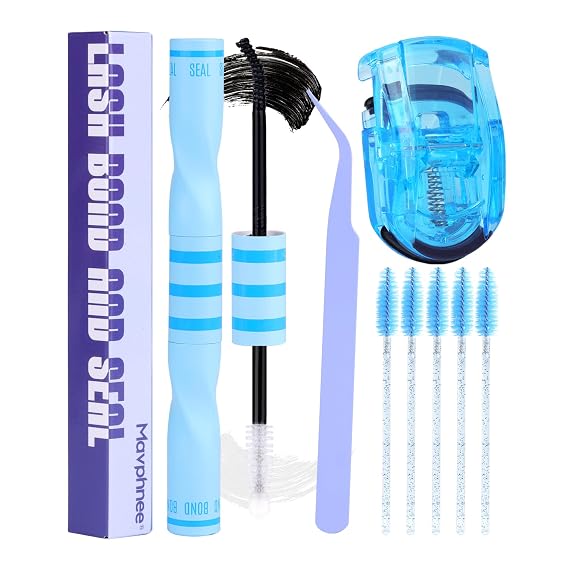 Mavphnee Lash Bond and Seal Kit Black Eyelash Adhesive Strong Holding Cluster Lashes DIY Eyelash Extensions Glue Waterproof 2 in 1 Glue and Sealant with Eyelash Curler, Tweezers, and Brushes