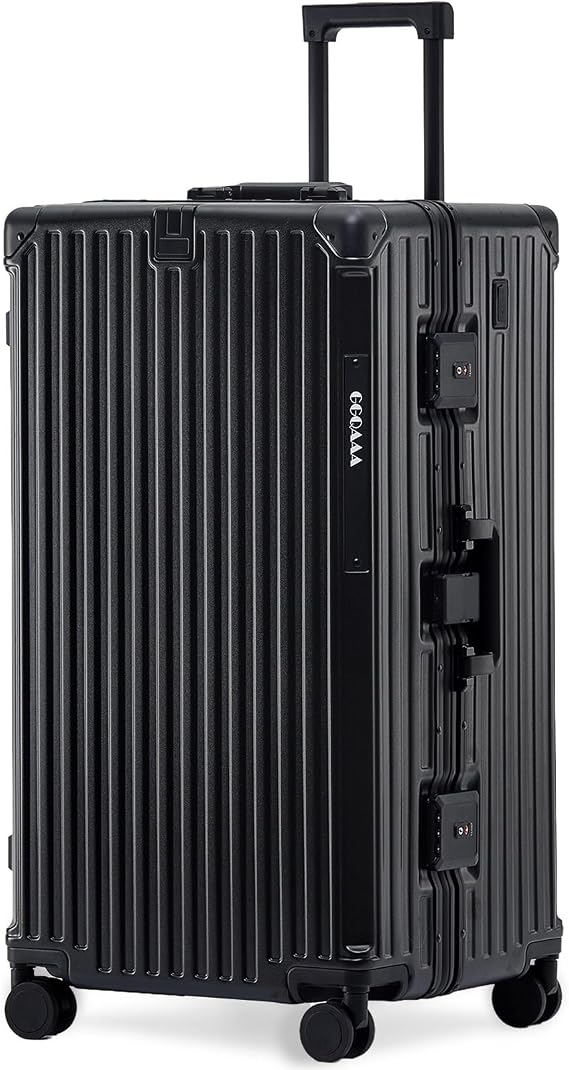 30 Inch Aluminium Frame Luggage, Large Checked Suitcase with Zipperless PC Hard Shell, Spinner Wheels, TSA Approved Lock and Lightweight Aluminum Luggage for Travel(Black, 30 Inch)