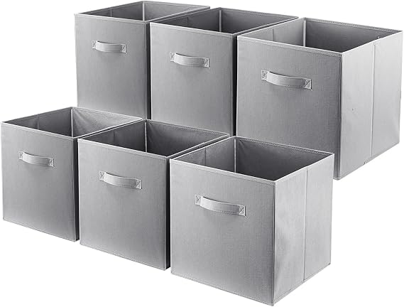 Set of 6 Foldable Cube Storage Boxes Fabric Organizer Bins with Handles for Home Office Kids Room Closet and Shelves (Grey, 27x27x28cm)
