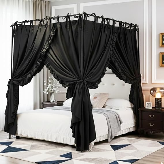 Akiky Canopy Bed Curtains with Top Ties Elegant Bed Canopies Private Space Curtains LightProof Drapes Bedroom Decoration Accessories for Adults(Black,Queen)