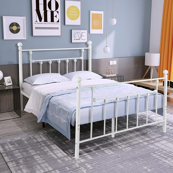 VECELO Full Size Metal Platform Bed Frame with Headboard and Footboard, Heavy Duty Slat Support/No Box Spring Needed Mattress Foundation/Underbed Storage Space, Victorian Style